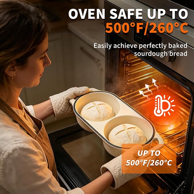 Premium Double Dutch Oven for Artisan Sourdough Bread 500°F Oven Safe | Bake 2 Loaves at Once/Bakery-Style Crust Every Time/Premium Cast Iron Heating/3-Layer Enamel Protection