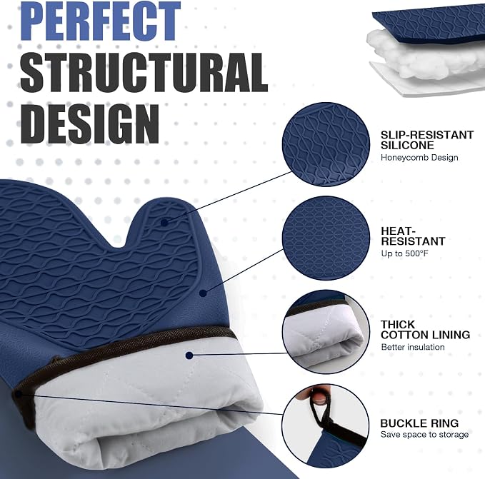 Silicone Oven Mitts, Heat Resistant 2PCS Oven Mitts with Soft Cotton Lining, Waterproof Non-Slip Grip Oven Glove, Kitchen Potholder Mits for BBQ, Baking, Cooking, 12.5 Inch - Dark Blue