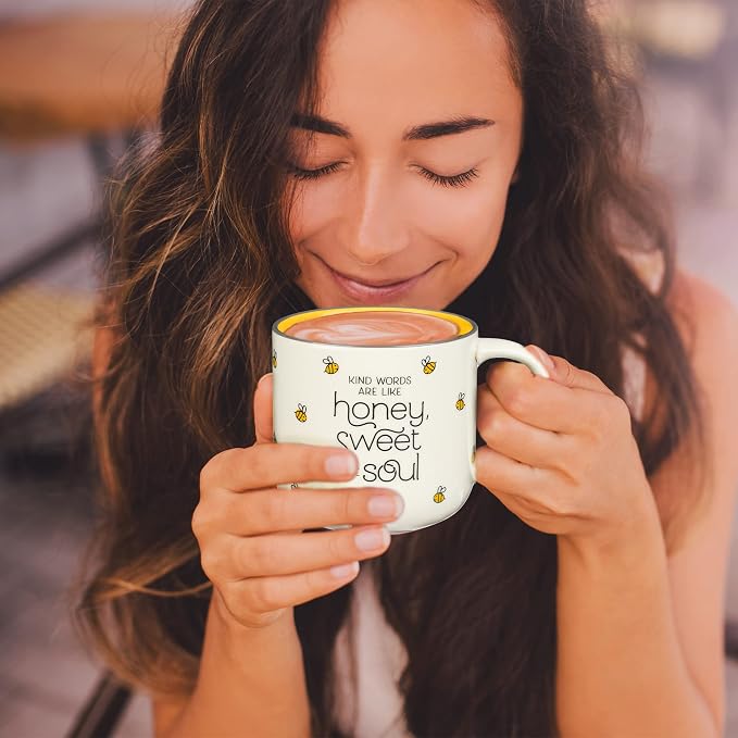 Christian Art Gifts Large Ceramic Coffee & Tea Mug for Women: Kind Words are Like Honey Inspirational Bible Verse, Cute Microwave/Dishwasher Safe Bumble Bee Cup, Yellow/White, 15 oz. (Pack of 2)