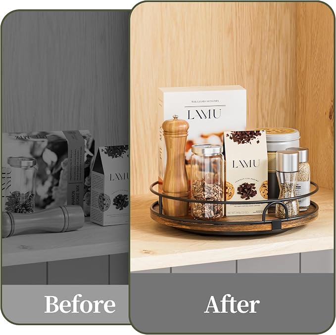 LAMU 9'' Rotating Lazy Susan Organizer, Wooden Lazy Susan Turntable | Pantry Storage for Table Top, Spice Organization, Cabinet, Kitchen, Bathroom Vanity, Table Decor
