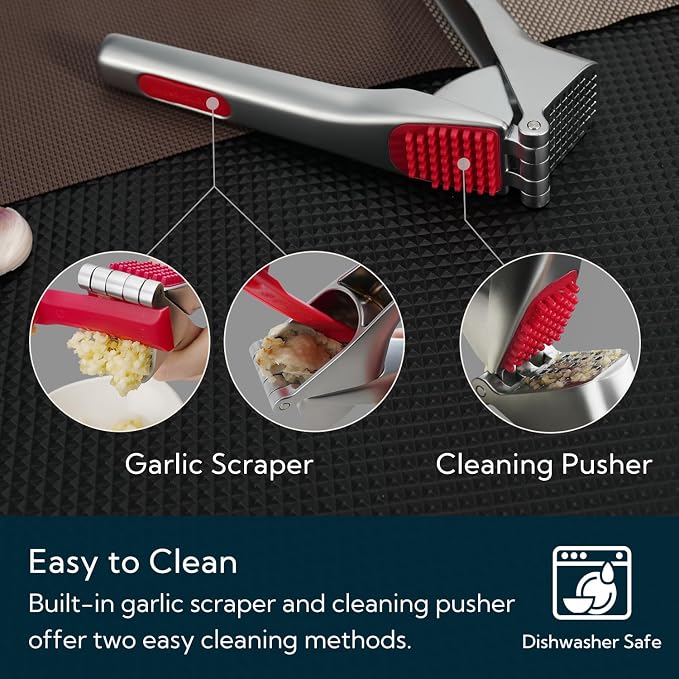 KITCHENDAO Heavy-duty Garlic Press with Built-in Scraper & Cleaning Pusher, No Peeling Garlic Crusher with Large Chamber, Zinc Alloy Garlic Mincer, Dishwasher Safe