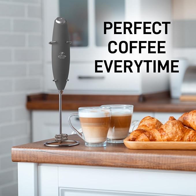 Zulay Kitchen Powerful Milk Frother Wand With Duracell Batteries - Ultra Fast Handheld Drink Mixer - Electric Whisk Foam Maker for Coffee, Lattes, Cappuccino & Matcha - Double Whisk - Charcoal