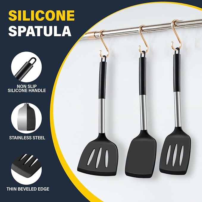 Silicone Spatula Set, Heat Resistant Fish Spatula, Solid & Slotted Turner for Non-Stick Pans, Silicone Cooking Utensils, BPA-Free, Flexible Kitchen Spatula for Flipping Eggs, Burgers, Black, 3 PCS-B