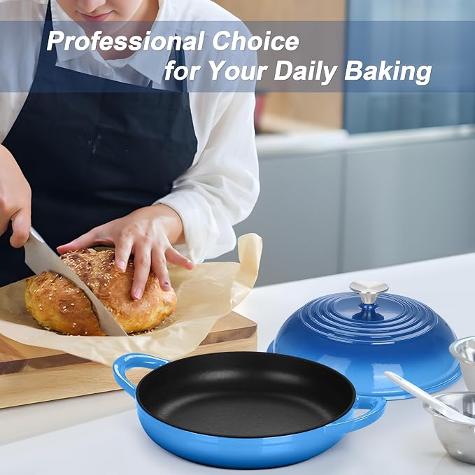 TeamFar Cast Iron Bread Dutch Oven, 6 Qt Enameled Dutch Oven Pot | for Sourdough Bread Baking, with Tall Dome Lid & Round Base Pan, Self-Basting & Even-Heating, Heavy-Duty & Non-stick, Blue