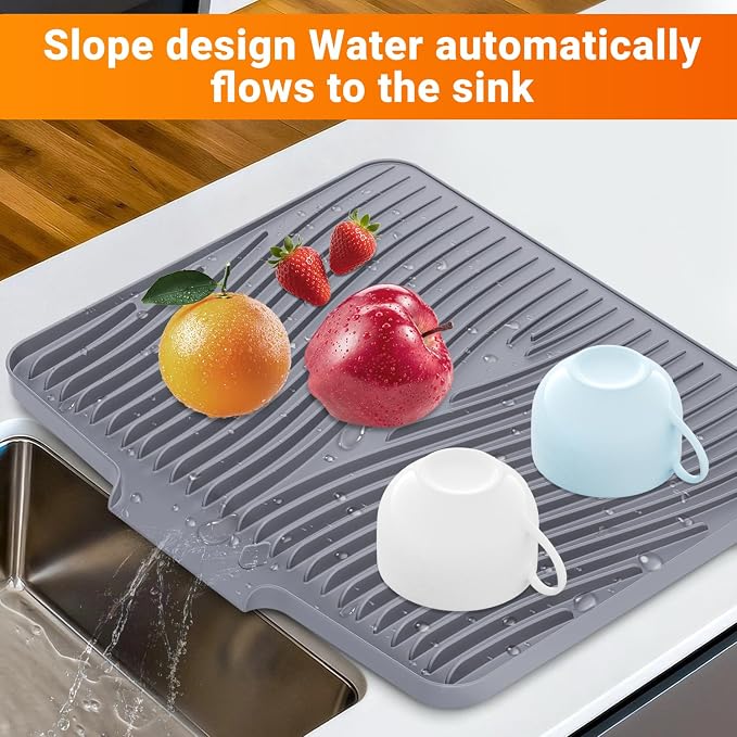 Silicone Dish Drying Mat for Kitchen counter | 15.8"x13" Dish Drainer Mat, Heat-Resistant Kitchen Counter Mat & Over-Sink Drying Tray, Drainage Spout & Hanging Hook, Grey