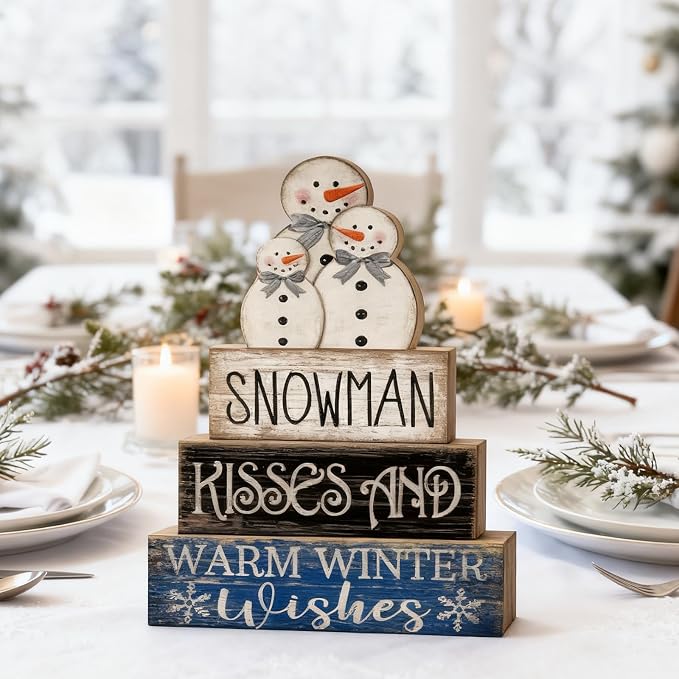 Lineshading 4 Pcs Wooden Snowman Tiered Tray Decor Winter Signs Home | Rustic Blocks with Snowman Family Topper, Warm Wishes Quote, Holiday Centerpiece for Christmas Tabletop Shelf Decorating