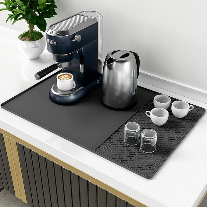 Silicone Coffee mat 24''x16'' – Non-Slip Bar Mat with Detachable Drying Layer for Espresso Machines, Countertops & Dish Racks