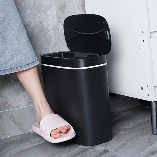 Sooyee 14 Liters Automatic Bathroom Trash Can with Lid, 3.6 Gallon Touchless Sensor Trash Can for Kitchen, Office, Bedroom, Bathroom, Living Room, Black Plastic