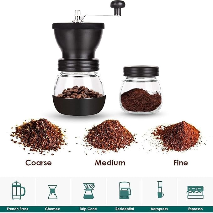 PARACITY Manual Coffee Grinder, Ceramic Burr, 2 Glass Jars, 11oz per Jar | This hand coffee grinder, a small coffee bean grinder, has a steel crank for drip, espresso, French press and Turkish brew