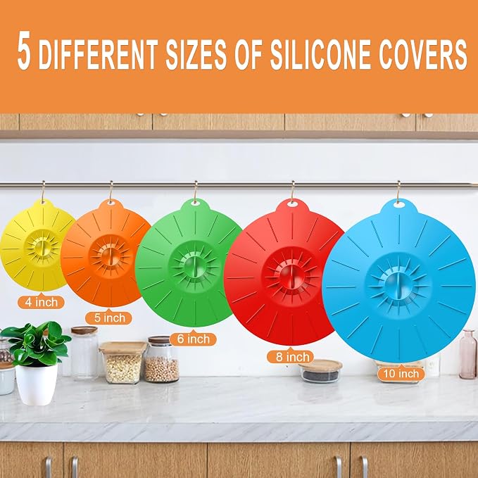 7 Pack Silicone Lids Microwave Splatter Cover, 5 Sizes Reusable Heat Resistant Suction Lids for Bowls Plates Pots Pans Oven Fridge, BPA Free, Ideal Mother's Gift