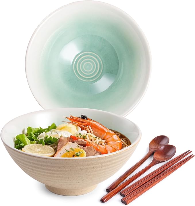Ceramic Japanese Ramen Bowl Set, 2 Sets Asian Pho Udon Soup Noodle Bowls with Spoons and Chopsticks (Green, 8 inches)