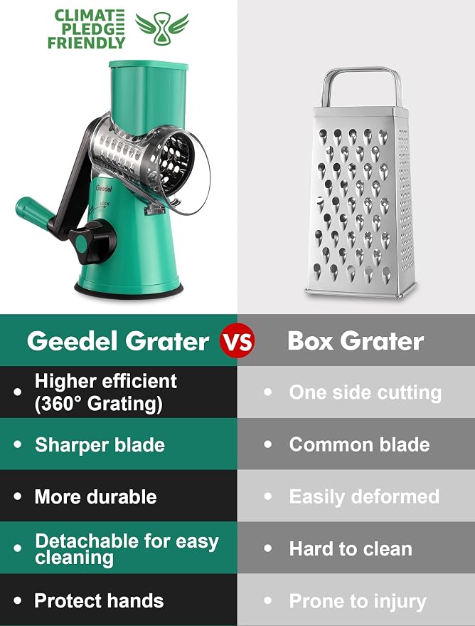 Geedel Rotary Cheese Grater Hand Crank, Cheese Shredder Vegetable Slicer | 3 Blades, 430 Stainless Steel, 12x Fast Cutting, Strong Suction Base, No BPA, Dishwasher Safe, for Cheese, Veggie, Nut
