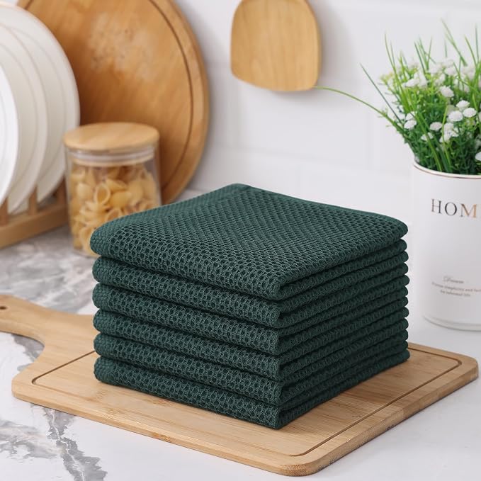 Kitinjoy Cotton Waffle 12-Pack Kitchen Towels, 12" x 12", Blackish Green | Ultra Absorbent, Super Soft, lightweight, Quick Drying Dish Rags for Washing Dishes