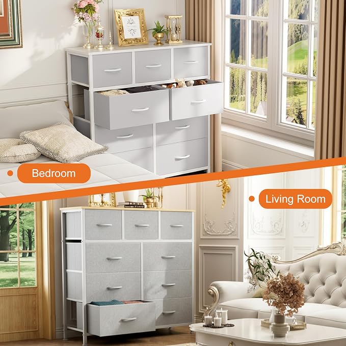 Sweetcrispy 9 Drawer Fabric Dresser Storage Tower Drawer Organizer, White | Sturdy Steel Frame with Wood-top, Easy-pull Handle, Space-Saving Organizer Chest for Bedroom, Closet, Lightweight and Stable