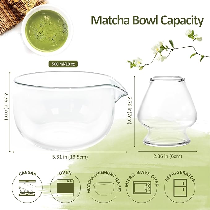 Matcha Bowl and Whisk Holder Set, Glass Matcha Bowl with Spout, Ceremonial Mixing Chawan, Clear Traditional Japanese Matcha Kit for Tea/Matcha Powder/Soup - Hammer Pattern