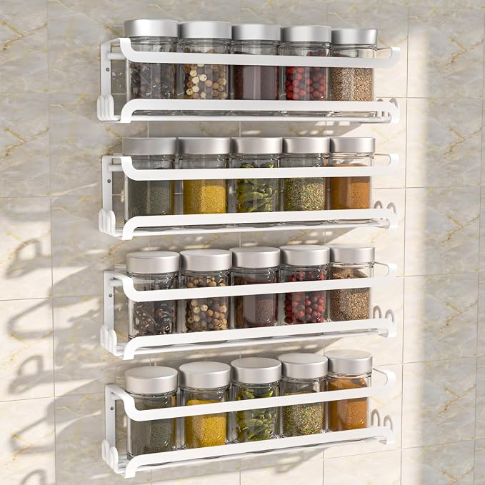 LUCYCAZ 4 Pack Wall Mounted Spice Rack for Kitchen Cabinet,RV,Camper,White | 16 Metal Hooks, Space-Saving,Screw or Adhesive Spice Shelf Hanging,for Pantry Door Spice Jars & Seasonings,11.41×2.75×2.36in