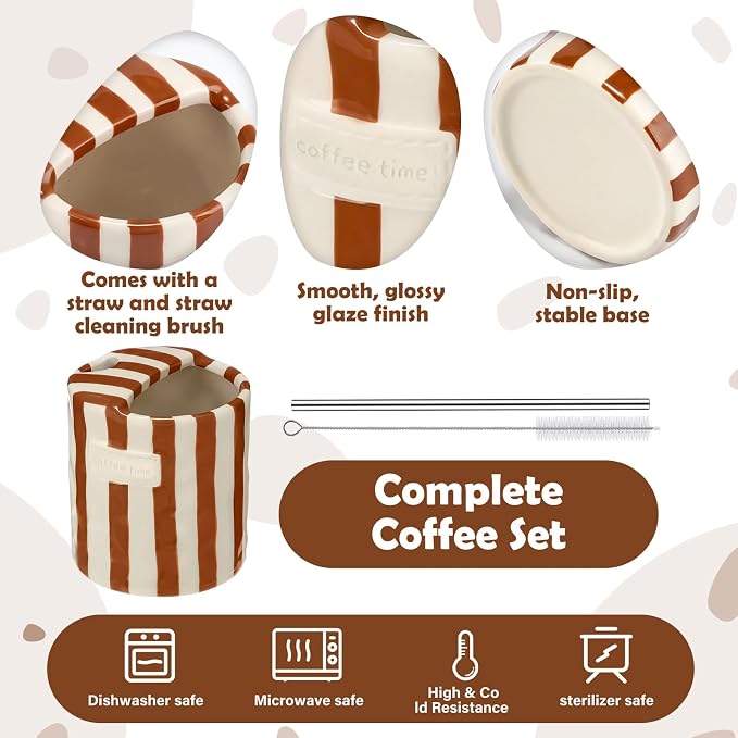 1 Pack Ceramic Mug with Sip Hole, Simple, Brown | 10oz Ceramic Coffee Cup with Straws, Retro Hand Painted Striped, for Iced Coffee Tea Latte Espresso, Kitchen Dining Travel