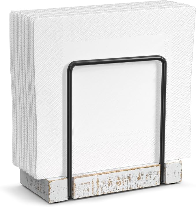 Wican Napkin Holder for Table, Wood Iron Standing Napkin Dispenser | Dining Table Farmhouse Cocktail Picnic Rustic Wood Holders, Suitable All Kitchen Dining Room Decor, Black & Farmhouse White