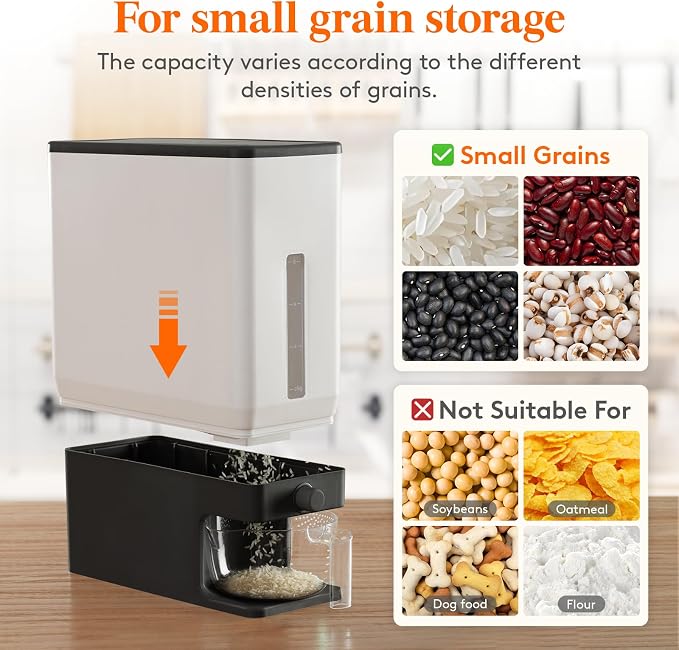 Lifewit Rice Dispenser 25 Lbs, Airtight Storage with Cup, 2 Pack Black | BPA-Free 11.3kg Capacity Storage Container for Beans, Corn & Other Small Grains, One-Press Dispensing Bin for Kitchen Pantry