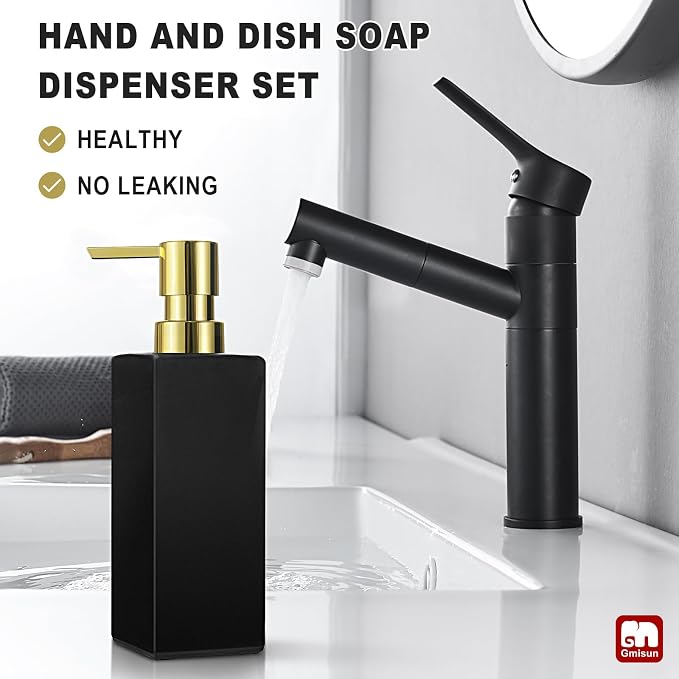 GMISUN Gold Hand Soap Dispenser, Black Glass Soap Dispenser with Gold Pump for Bathroom, 12 fl oz/350ml Refillable Dish Dispensers for Kitchen, Modern Liquid Lotion Bottles for Countertop