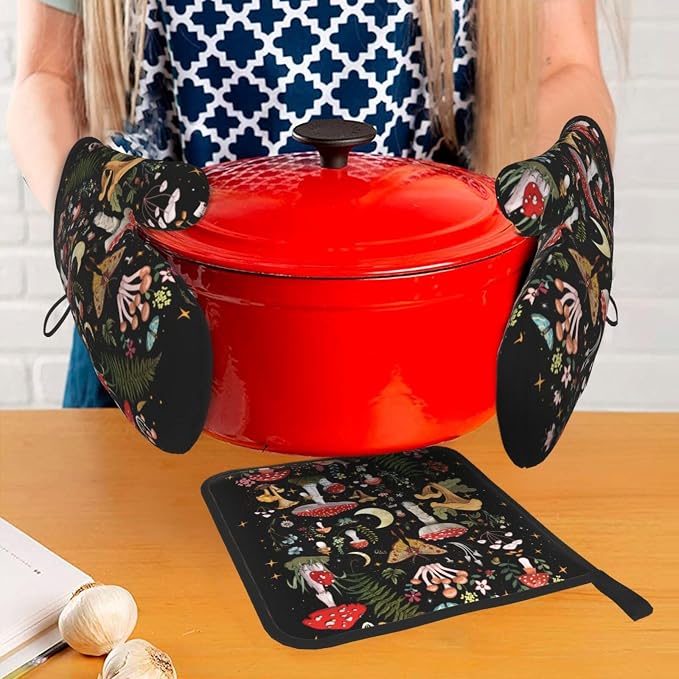 Black Mushroom Oven Mitts and Pot Holders Sets of 3 Witchy Hot Pads | Heat Resistant Oven Gloves for Cooking Grilling Baking Kitchen Decor Aesthetic, Witchy Gifts Mushroom Gifts for Women