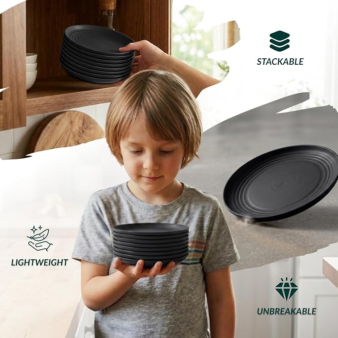 Black Small Plates | 5.7" Unbreakable Melamine Appetizer & Dessert Plates, Chic Wheat Straw Salad Plates | For Sushi, Cocktails, Bread & Side Dishes -Set of 8, Black