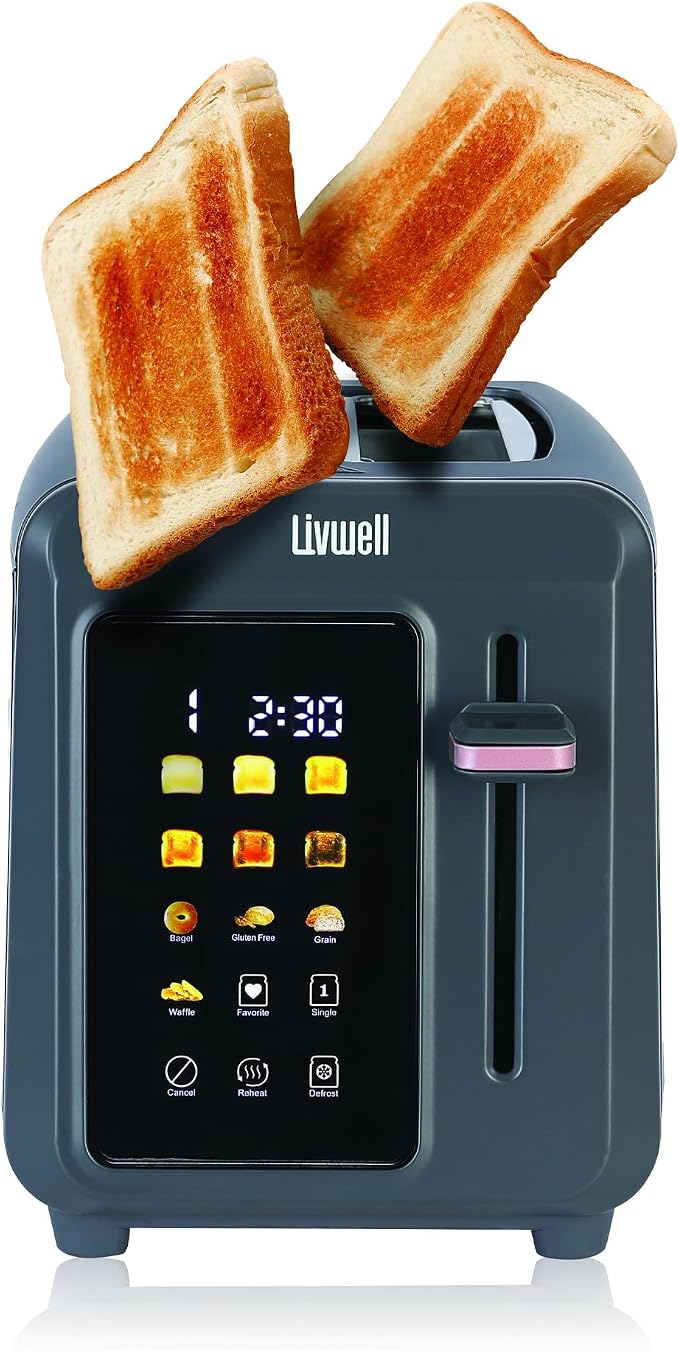 LIVWELL Smart Touch 2-Slice Metal LED Toaster - Gun Metal Finish | LED Touch Screen, 6 Browning Levels, Countdown Timer, Cancel Function, Defrost Setting, Even Heating, Compact Design