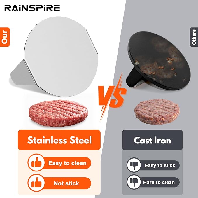 Rainspire Upgraded 304 Stainless Steel Smash Burger Press 5.5 inch Burger Smasher Hamburger Smasher Tool for Griddle, Perfect for BBQ Grill Cooking Gifts for Chef, Silver