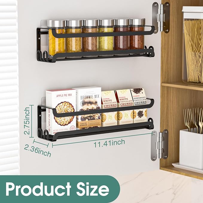 LUCYCAZ 4 Pack Wall Mounted Spice Rack for Kitchen Cabinet,RV,Camper,Black | 16 Metal Hooks, Space-Saving,Screw or Adhesive Spice Shelf Hanging,for Pantry Door Spice Jars & Seasonings,11.41×2.75×2.36in
