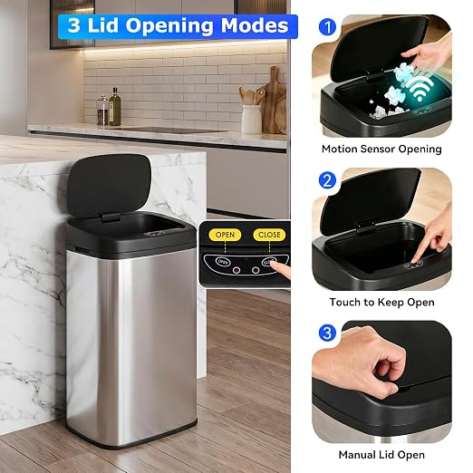 BestOffice | 22 Gallon Stainless Steel Trash Can with Lid | Steel | Automatic Touchless Garbage Can with Motion Sensor | Waterproof & Easy to Clean | For Kitchen, Bathroom, Home or Office