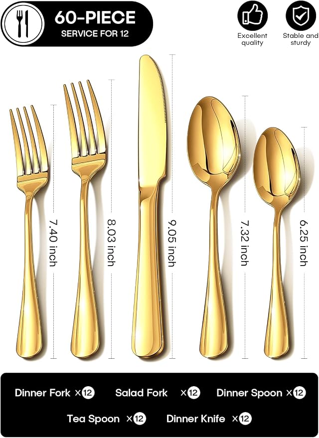 Gold Silverware Set for 12, 60 Piece Stainless Steel Flatware Set, Mirror Polished Food-Grade Cutlery Utensil Set Include Knives Forks Spoons for Kitchen Restaurant Wedding Party, Dishwasher Safe
