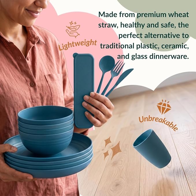 Unbreakable Wheat Straw Dinnerware Sets 28 PCS Kids Plates and Bowls Sets for Kitchen, RV, Party, Travel, Dorm, Camping Dish Set for 4 Lightweight Microwave & Dishwasher Safe(Deep Blue)