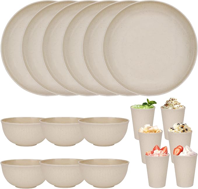 Wheat Straw Dinnerware Sets for 6 People 18pcs Camping Plates and Bowls Set | Unbreakable Dish Set Reusable Picnic Set, 23cm Plates, 350ml Cups, 15cm Bowls, Microwave and Dishwasher Safe