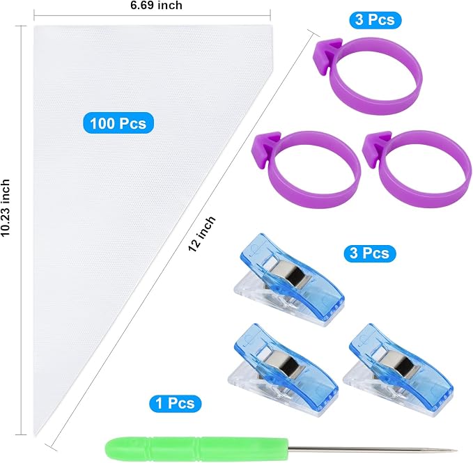 Piping Bags Set, Pastry Bags, Frosting Bags, Cake Decorating Bags | 100Pcs Pastry Bags, 12 Inch Bags Piping Bags Disposable with 3 Bag Ties, 3 Clips & 1 Scriber Needle