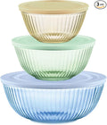 Pyrex Colors Tinted (3-Pack, Full Set) Sculpted Tinted Glass Mixing Bowls With Plastic Lids, Nesting Space Saving Set of Bowls For Prepping and Baking, 1.3QT, 2.3QT & 4.5QT