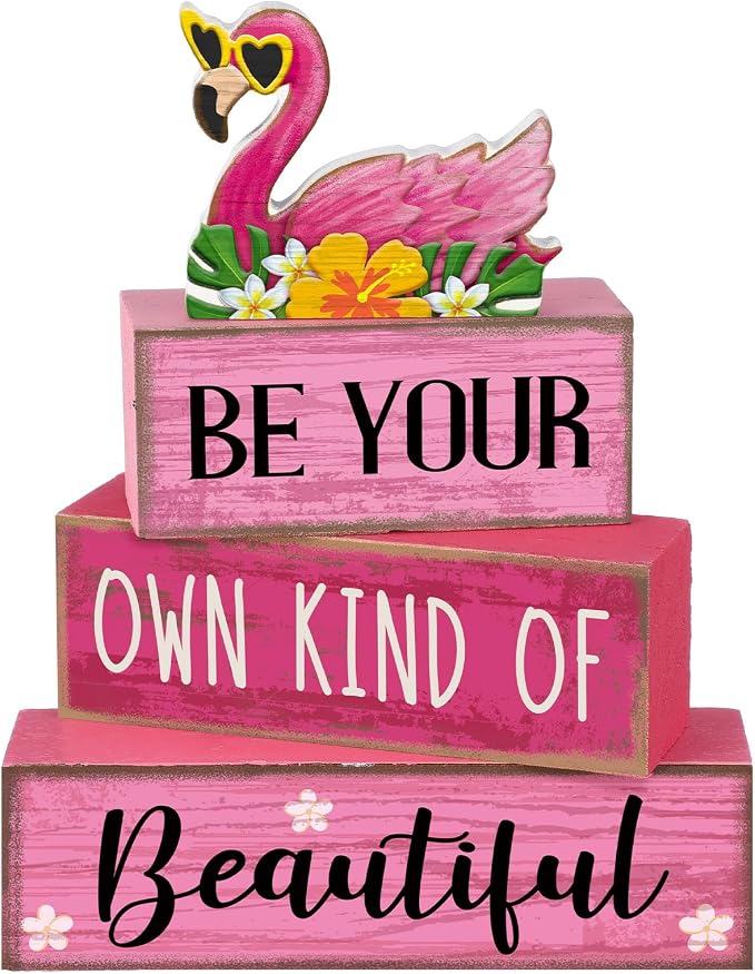 Lineshading 4 Pcs Flamingo Summer Decor Wooden Tabletop Signs Pink | Farmhouse Tiered Tray Decorations, Birthday Party Blocks with Quotes, Flamingo Table Centerpiece for Home Gift