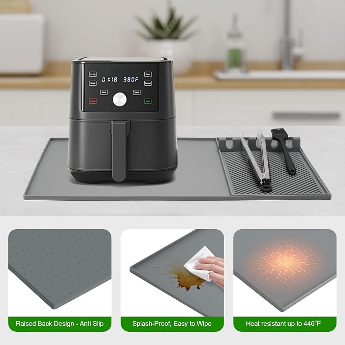 Boribim 24x16 Inch Silicone Mat for Kitchen Counter, Kitchen Essentials and Gadgets - Silicone Air Fryer and Coffee Mat Set - Heat Resistant Mat for AirFryer, Microwave, Oven, Coffee Machine (Gray)