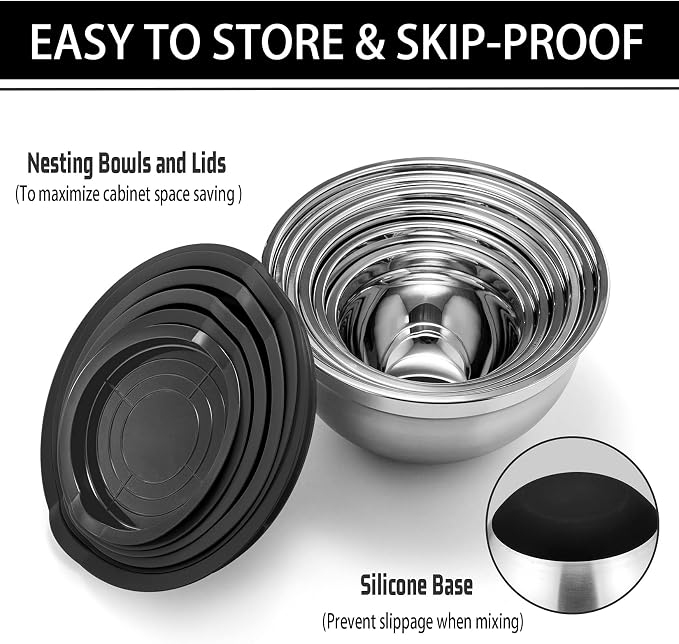 P&P CHEF Stainless Steel Mixing Bowls With Lids, Set of 6, Black | Salad Nesting Mixing Bowls & Fitting Lids & Non-Slip Silicone Bottom, Ideal for Mixing, Storing, Size 0.7/1/1.5/2.5/3/4.6 Qt