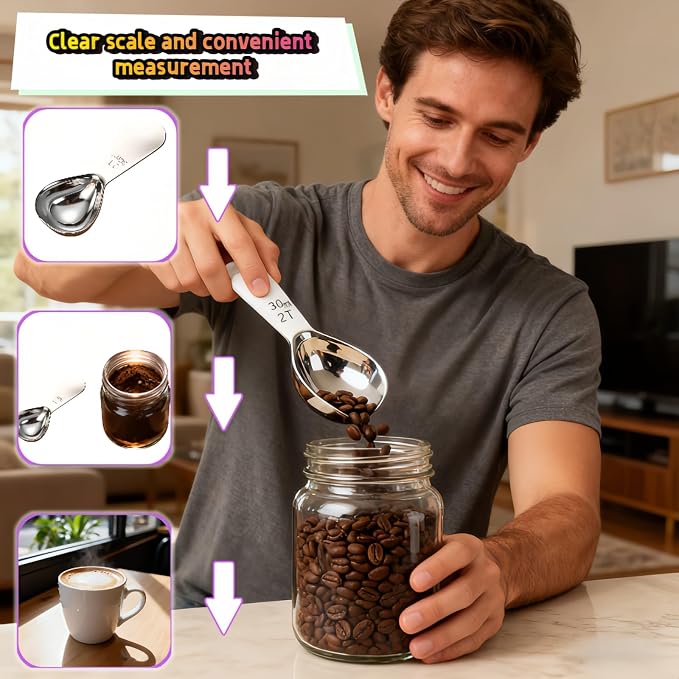 1 Tbsp(30ml) Coffee Scoop,Stainless Steel Measuring Spoons for Coffee,Protein Powder,Sugar,Easy Read Laser Engraved Mark,Short Handle Fits in Container,Rust-Resistant,Drop-Resistant (2T 30ml)