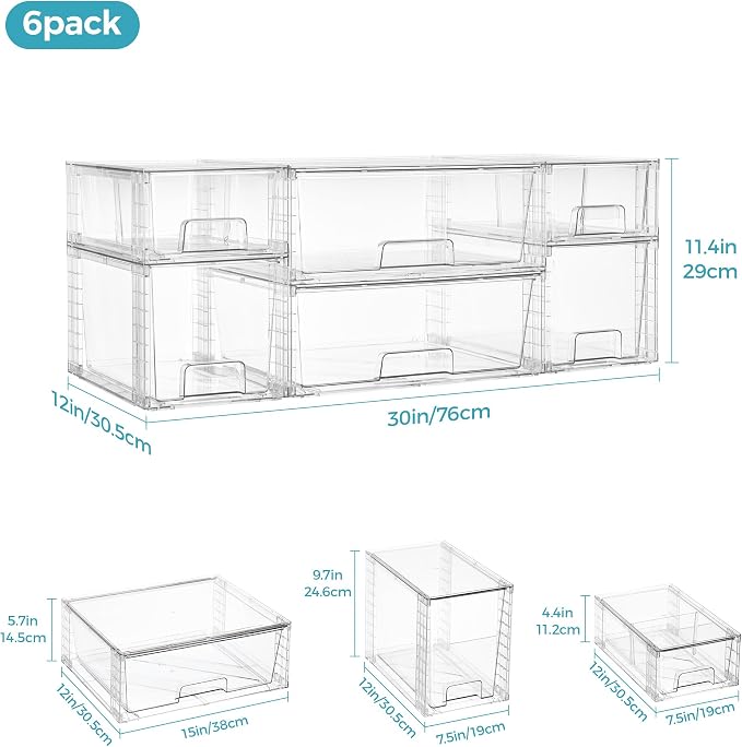 Vtopmart Clear Stackable Storage Drawers, 6 Pack Mixed Size Set | Wide, Medium and Small Pull-Out PET Drawers Provide Flexible Sorting Options for Cabinets, Closets, Pantry