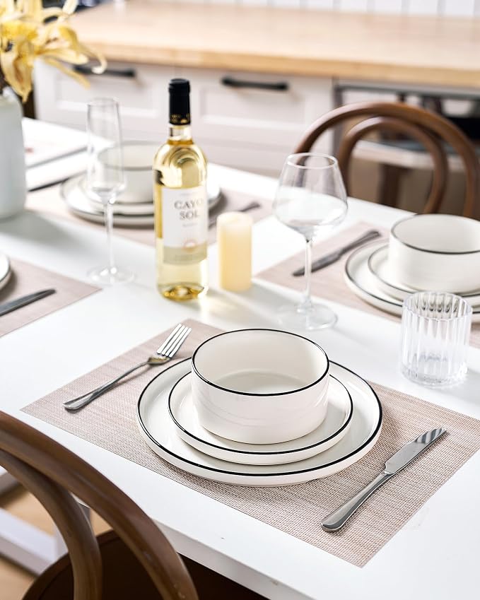Famiware Porcelain 12-Piece Dinnerware Set, White with Black Trim | Plates and Bowls for 4, Dishwasher & Microwave Safe, Chip & Scratch Resistant, Ideal for Everyday & Formal Use