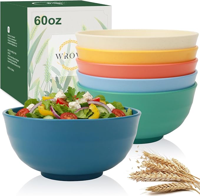 Large Cereal Bowls Set of 6, Unbreakable Wheat Straw Bowls 60oz, Microwavable Bowls for Popcorn,Soup,Dinner, Reusable Plastic Big Bowls for Picnic,Kitchen- Vibrant Series