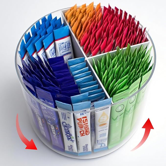 360° Spinning Drink Packet Organizer, Clear BPA-Free Plastic 4-Section Clear Storage for Coffee, Sugar & Drink Mixes | Stackable Kitchen & Pantry Container