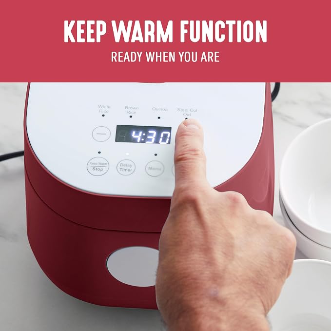 GreenLife Digital Rice Cooker, 2-Cups Uncooked/4-Cups Cooked, Red | PFAS-Free Ceramic Nonstick Coated 1.5QT Pot, One-Touch Presets, Oats, Quinoa, Brown Rice, Auto Warming, Fuzzy Logic Tech