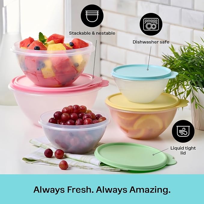 Tupperware Wonderlier 10-Piece Vintage Pastel Set (5 Bowls + 5 Lids) | Plastic Food Storage Mixing Bowl with Secure Lids, BPA Free Materials, & Dishwasher-Safe for Kitchen Storage or Meal Prep
