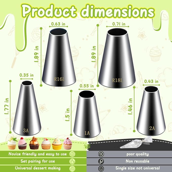 Hendiy 5 Pieces Large Round Piping Tip Set, Stainless Steel | Professional Cake Decorating, Frosting Tip, For Cupcakes Cakes Cookies