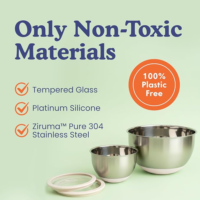 Non-Toxic Stainless Steel Mixing Bowls, Glass Lids, Plastic Free, 5-Pcs | LFGB platinum silicone seal. Keeps food fresh longer. Airtight. Non-slip silicone base. Dishwasher safe. Measurement marks.