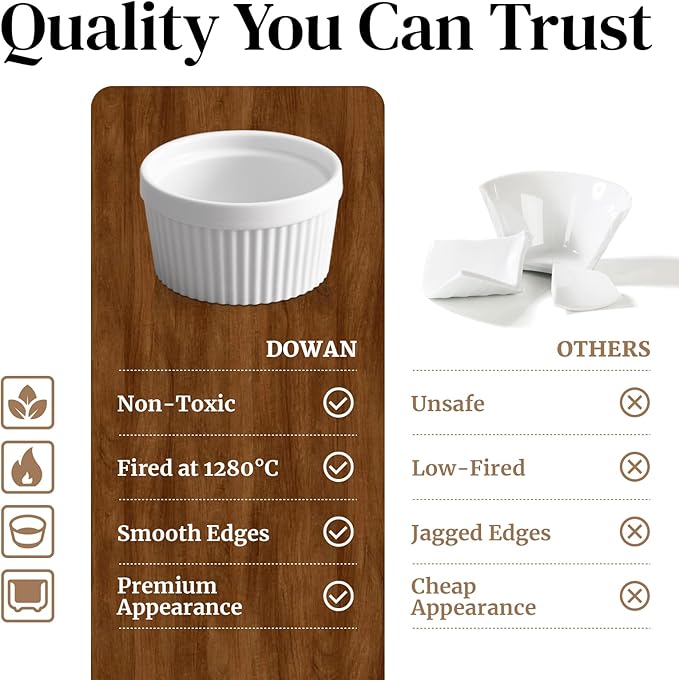 DOWAN Ramekins 6 oz Ceramic Ramekins Set of 6, Oven Safe Souffle Dishes for Air Fryer Baking, Mini Round Baking Cups for Creme Brulee, Dipping Sauces, Desserts and Prep Bowls, White