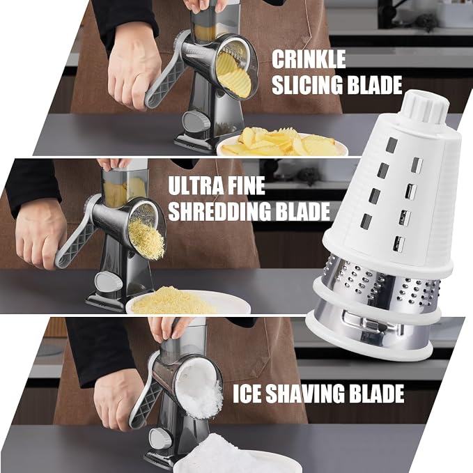 KEOUKE Rotary Cheese Grater Pro 6 in 1 - Shredder Crinkle Slicer Grinder Ice Shaver, Stable Suction, Time-saving Easy Use & Clean, Safe Morden Kitchen Tool for Cheese, Vegetable, Nuts, Chocolate