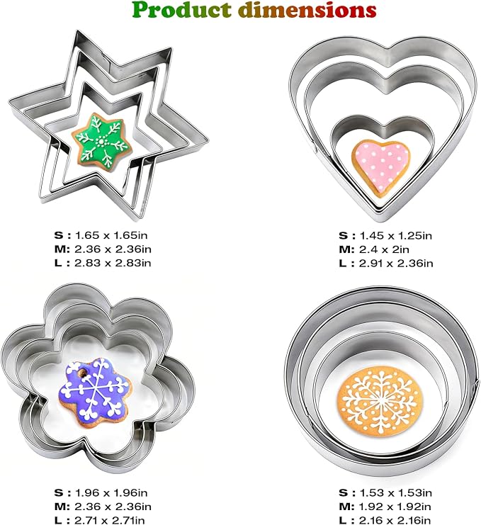12-Piece Metal Cookie Cutter Set, Stainless Steel Biscuit Cutters for Baking, 4 Shapes (Heart, Star, Flower, Circle), Ideal Fondant Cutters & Dough Cutter, Perfect Cookie Cutters for Kids & Adults